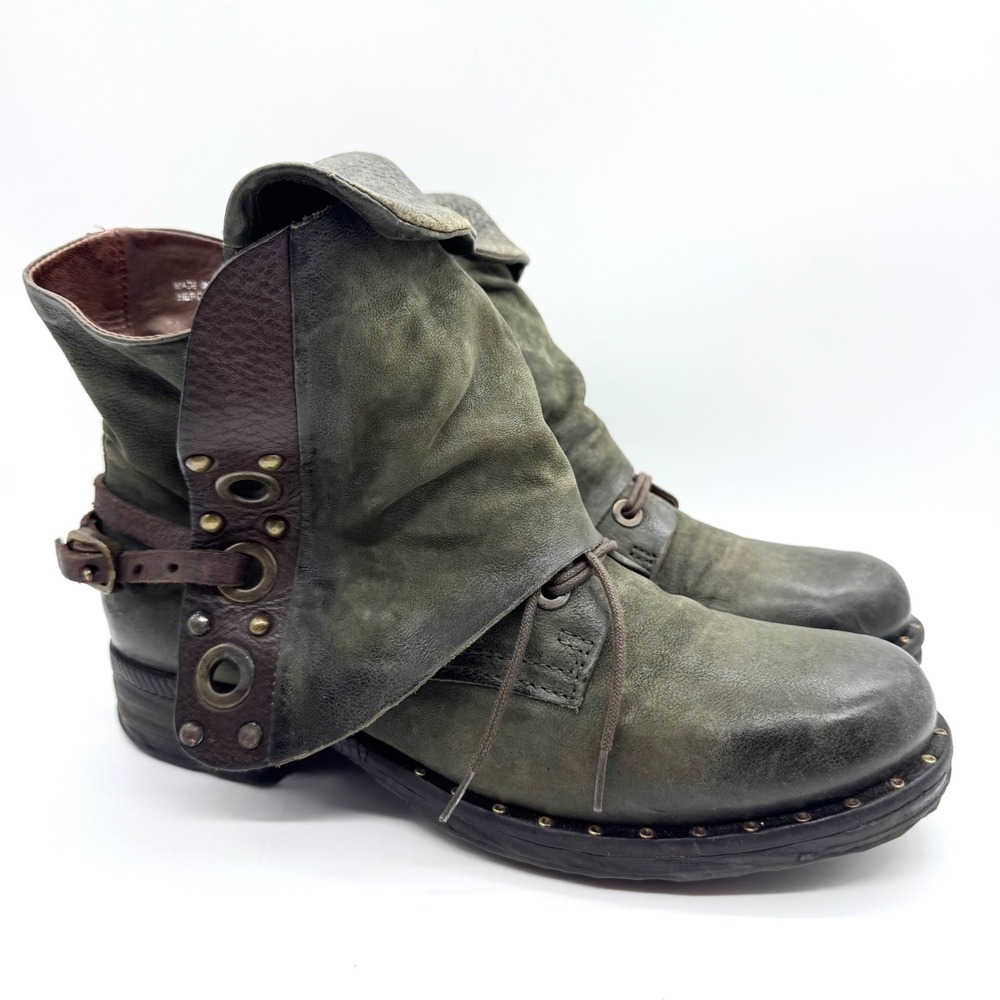 A.S. 98 Emerson Artsy Boho Grunge Layered Lace Up Leather Boots Green Size 39